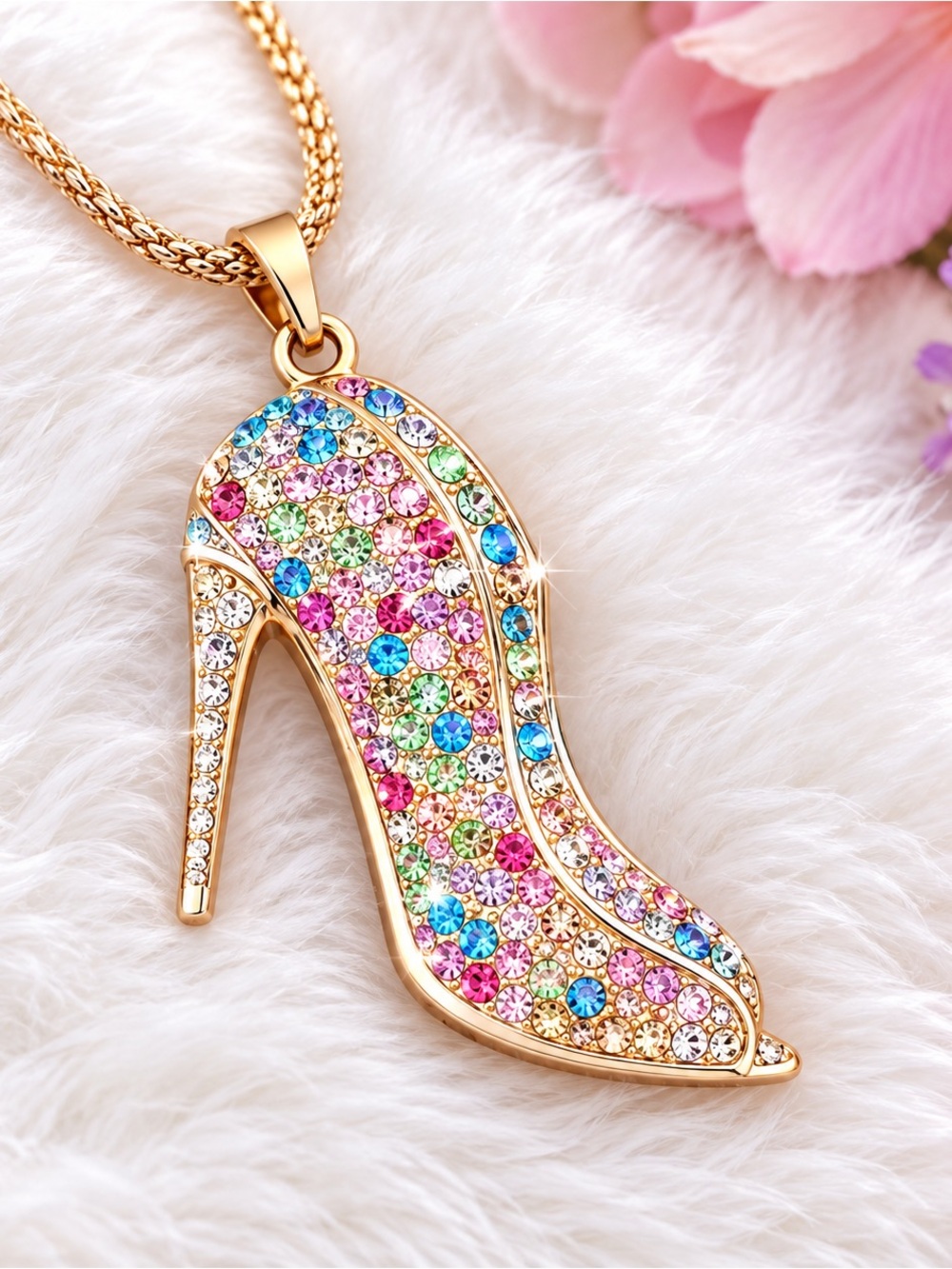 Betsey Johnson Gold-Tone High Heel Pendant Necklace with Multicolor Stones